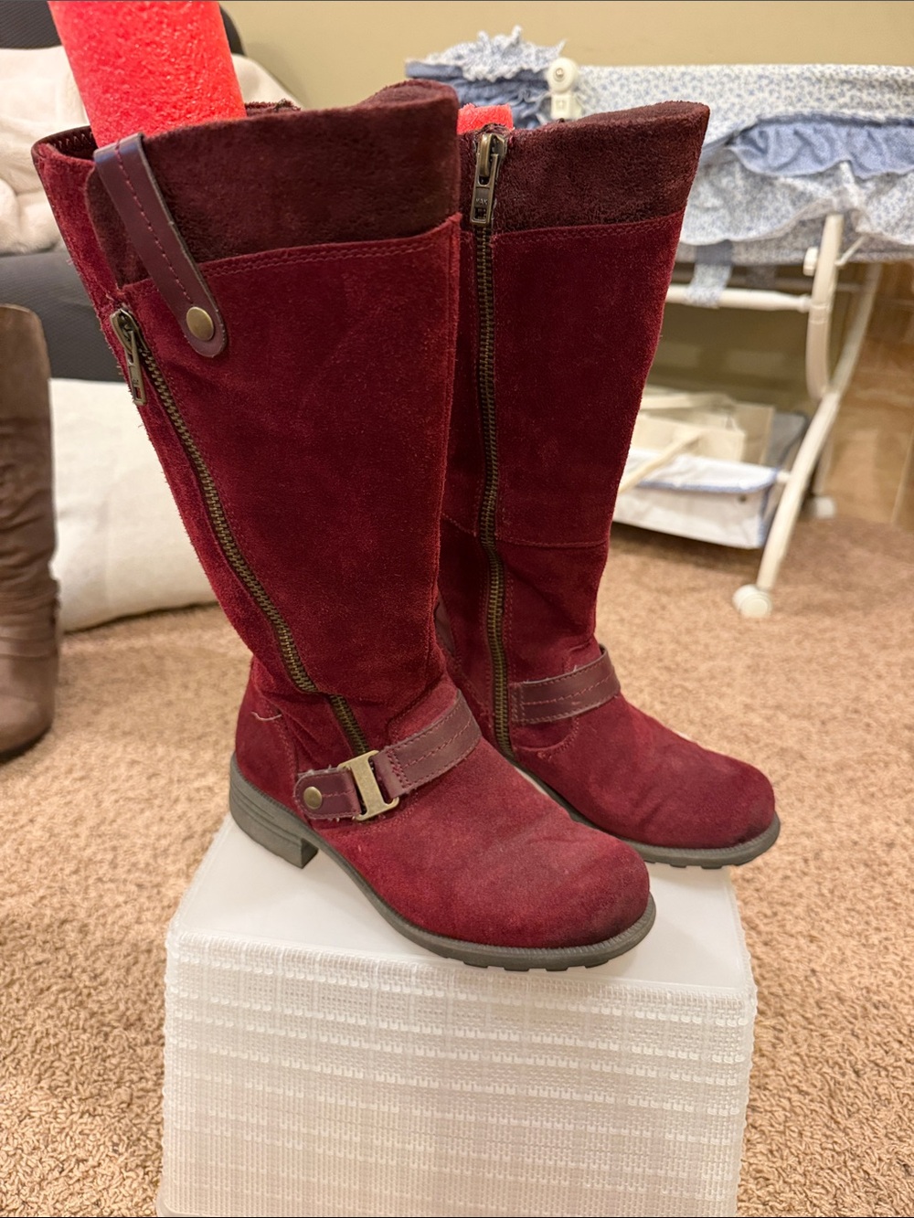 Earth Origins Burgundy Suede Mid-Calf Zip Buckle Boots